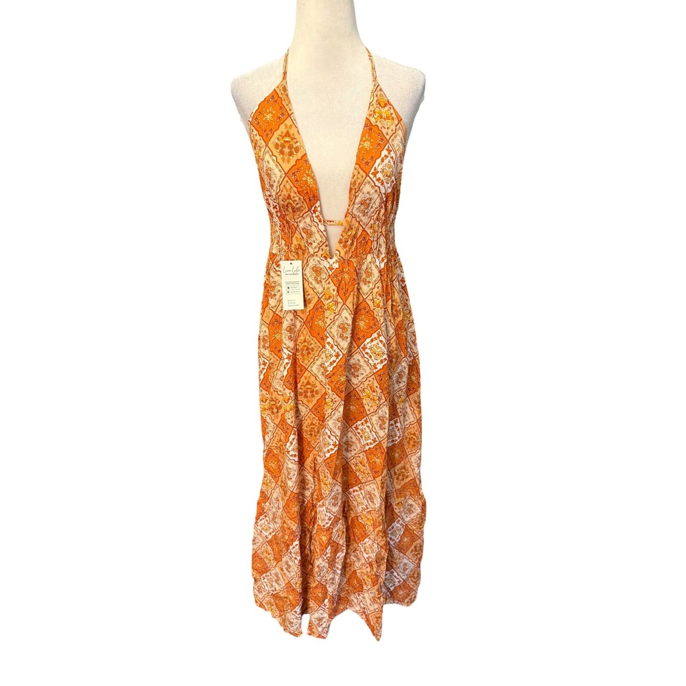 Cupshe Orange Floral Paisley Patchwork Deep V Halter Maxi Dress NWT Large